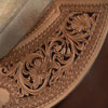 Light weight Lady's Wade Saddle with Custom copper rose and blue bells floral tooling with hand painted dyed background all dallied in a Vaquero Lace border